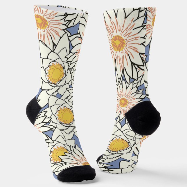 Pretty retro floral l Blue background Socks (Angled)