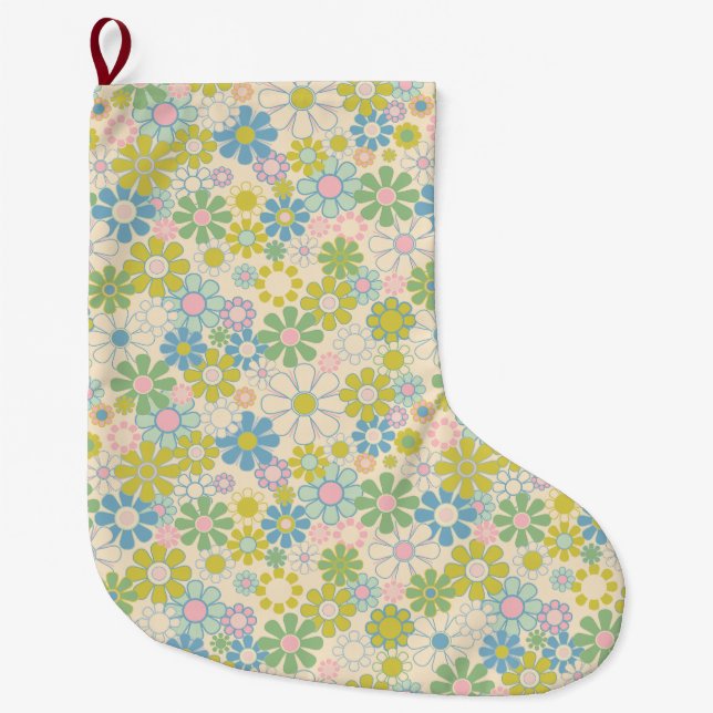 Pretty Retro Floral Pattern Light Pastel Large Christmas Stocking (Front)