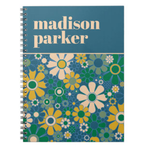 Pretty Retro Floral Personalized Blue and Green Notebook