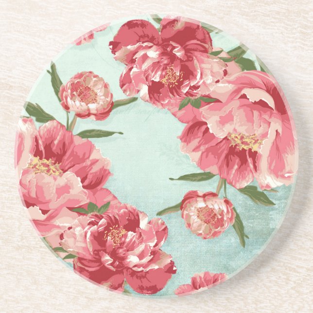 Pretty Retro Flower Chintz Peonies Personalized Coaster (Front)