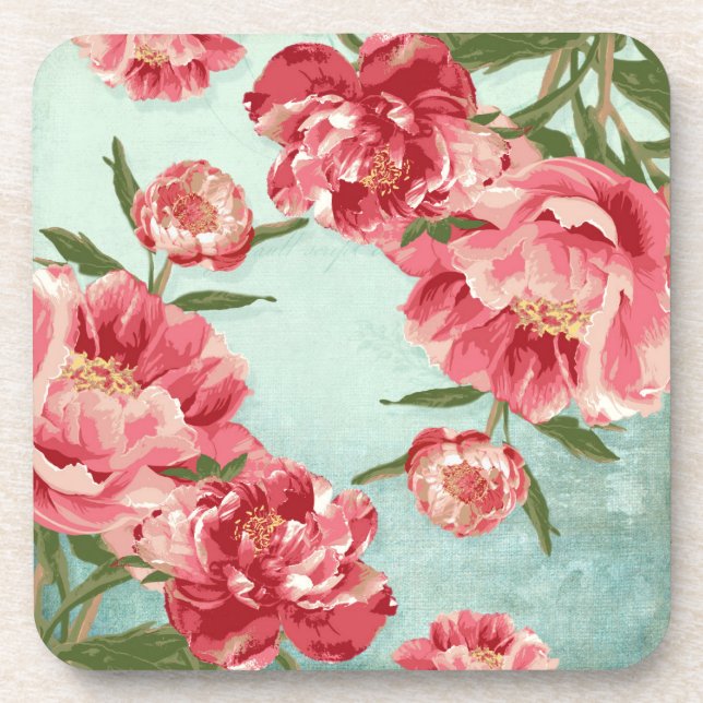 Pretty Retro Flower Chintz Peonies Personalized Coaster (Front)