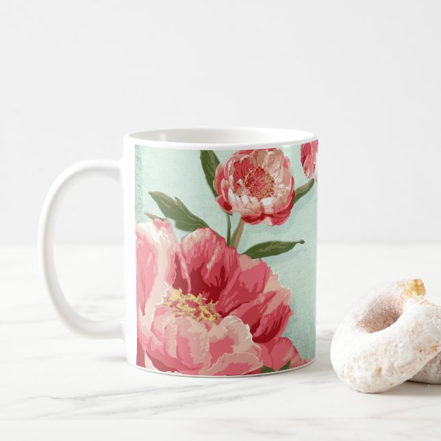 Pretty Retro Flower Chintz Peonies Personalized Coffee Mug (With Donut)