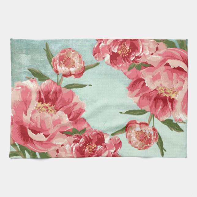 Pretty Retro Flower Chintz Peonies Personalized Kitchen Towel (Horizontal)