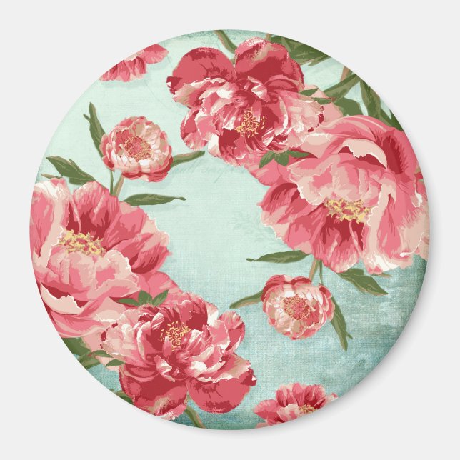 Pretty Retro Flower Chintz Peonies Personalized Magnet (Front)