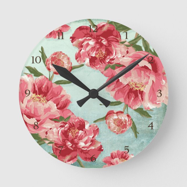 Pretty Retro Flower Chintz Peonies Personalized Round Clock (Front)