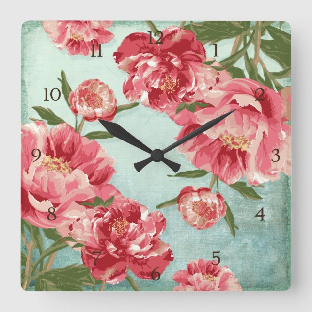 Pretty Retro Flower Chintz Peonies Personalized Square Wall Clock (Front)