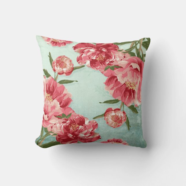 Pretty Retro Flower Chintz Peonies Personalized Throw Pillow (Front)