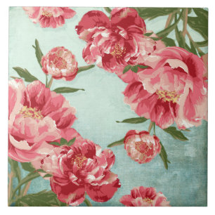 Pretty Retro Flower Chintz Peonies Personalized Tile