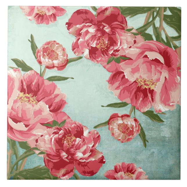 Pretty Retro Flower Chintz Peonies Personalized Tile (Front)