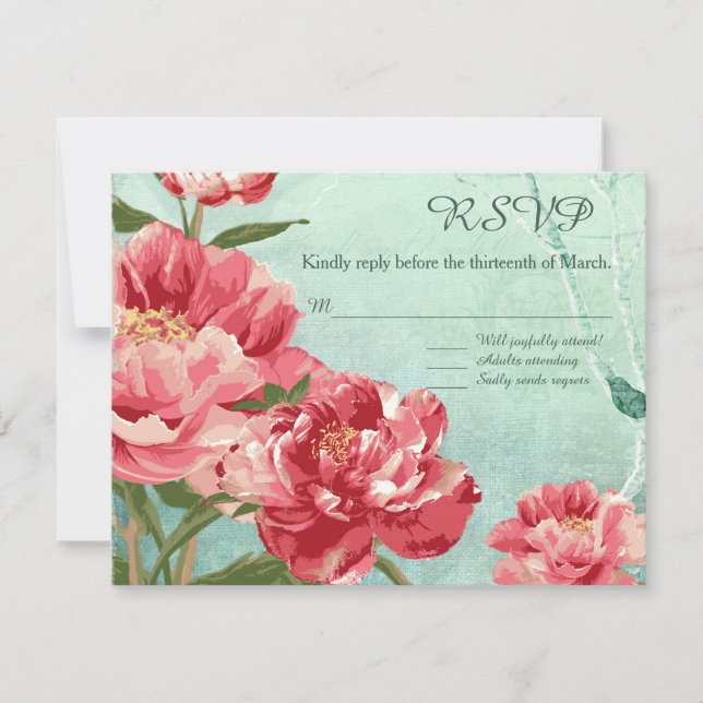 Pretty Retro Flower Chintz Peony Flowers n Birds RSVP Card (Front)