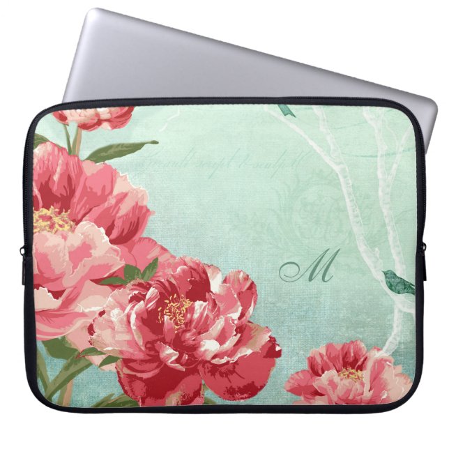 Pretty Retro Flower Home Decor Chintz Peony n Bird Laptop Sleeve (Front)