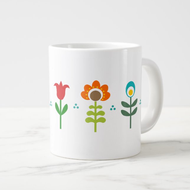 Pretty Retro folk flowers Large Coffee Mug (Front Right)