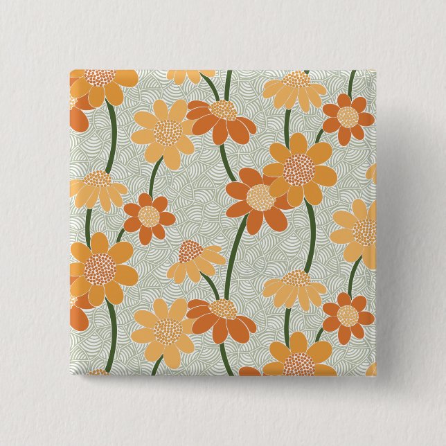 Pretty retro muted 1970s Flowers 2 Inch Square Button (Front)