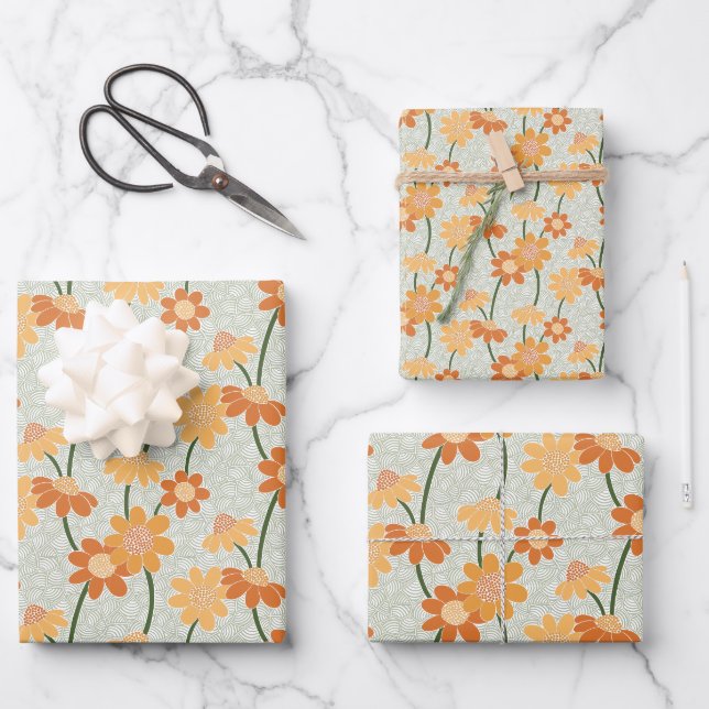 Pretty retro muted 1970s flowers wrapping paper sheet (Front)
