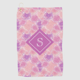 Pretty Retro Purple Rose Floral Monogram Golf Towel
