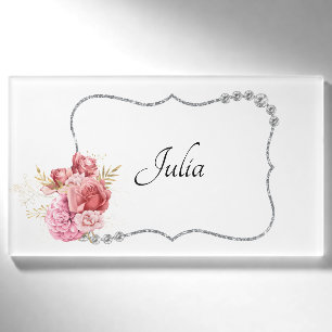 Pretty Rhinestone & Floral Frame Name Tag