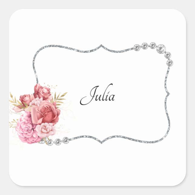 Pretty Rhinestone & Floral Frame Personalized Square Sticker (Front)