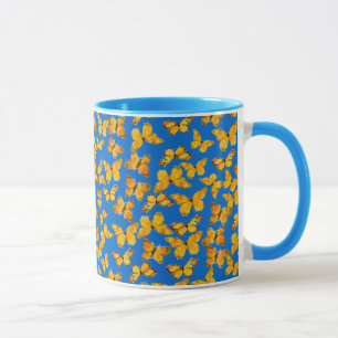 Pretty Ringer Mug, Golden Butterflies on Sky Blue Mug