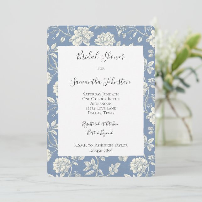 Pretty Romantic Blue Cream Flowers Bridal Shower Invitation (Standing Front)