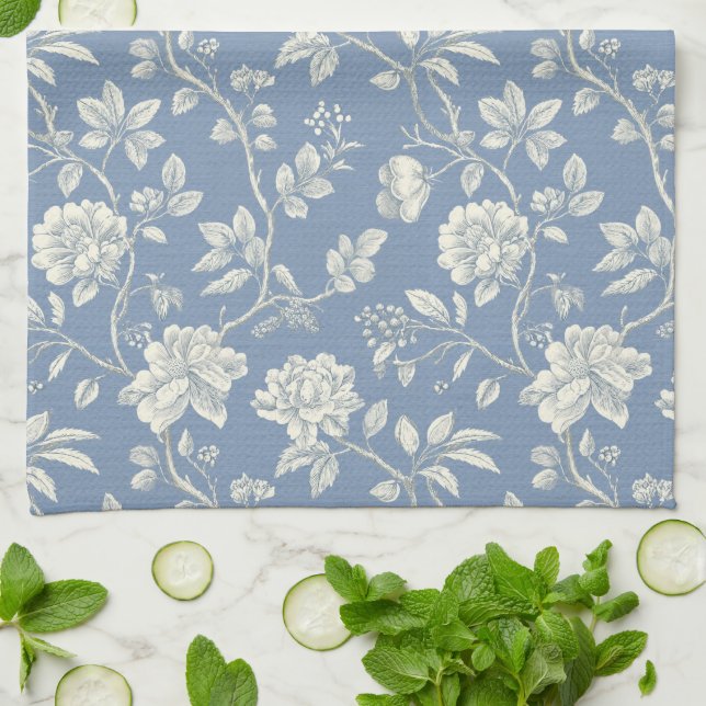 Pretty Romantic Blue Cream Flowers   Kitchen Towel (Folded)