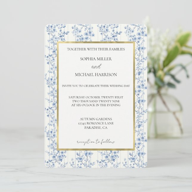 Pretty Romantic Blue White Flowers Wedding Invitation (Standing Front)