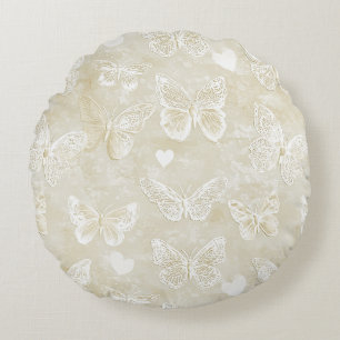 Pretty Romantic Cream Ivory Butterflies Hearts Round Pillow