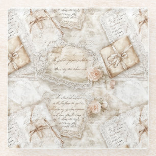 Pretty Romantic Ivory Blush Roses Love Letters Glass Coaster