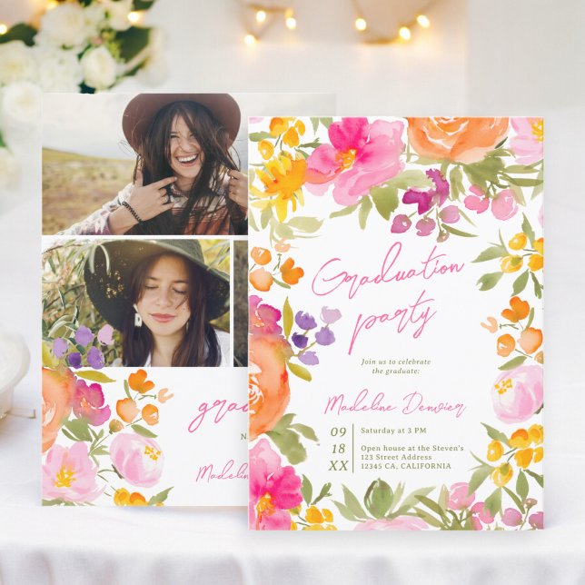 Pretty romantic pink floral 3 photos graduation invitation (Pretty romantic pink floral 3 photos graduation invitation)