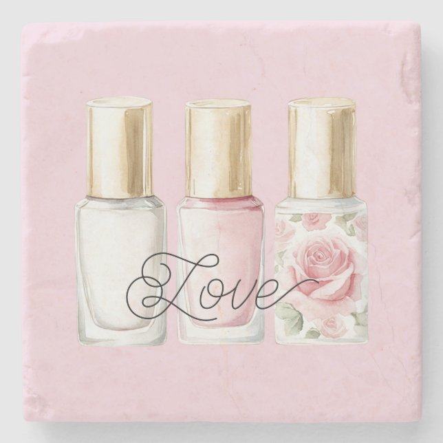 Pretty Rose Blush Pink Floral Nail Polish Stone Coaster (Front)