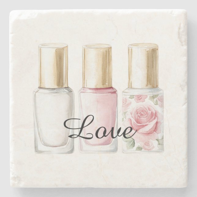 Pretty Rose Blush Pink Floral Nail Polish Stone Coaster (Front)