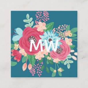 Pretty Rose Bouquets - Teal & Pink - Monogram Square Business Card