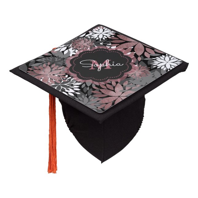 Pretty Rose Gold Geometric Flowers Illustration Graduation Cap Topper (Angled)