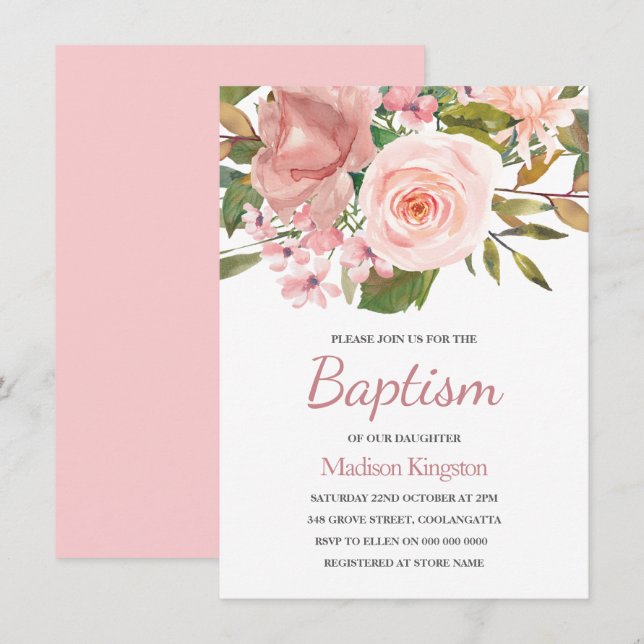 Pretty Rose Gold Pink Flowers Baptism Invite (Front/Back)