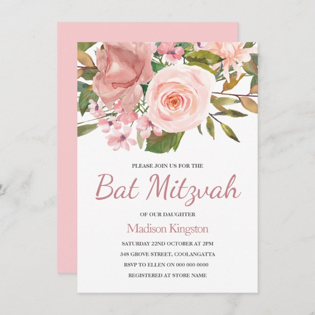 Pretty Rose Gold Pink Flowers Bat Mitzvah Invite (Front/Back)
