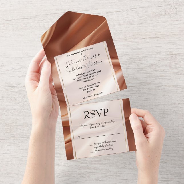 Pretty Rose Gold Romantic Faux Satin Wedding All In One Invitation (Tearaway)