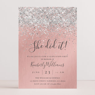 Pretty Rose Gold Silver Glitter Sparkly Graduation Invitation