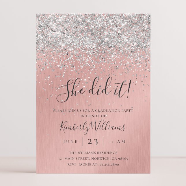 Pretty Rose Gold Silver Glitter Sparkly Graduation Invitation (Creator Uploaded)