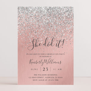 Pretty Rose Gold Silver Glitter Sparkly Graduation Invitation