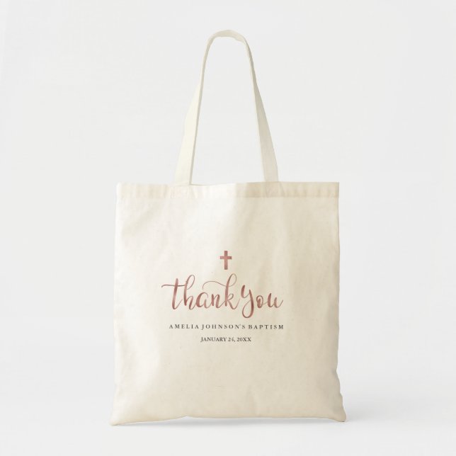 Pretty Rose Gold Thank You Baptism Tote Bag (Front)