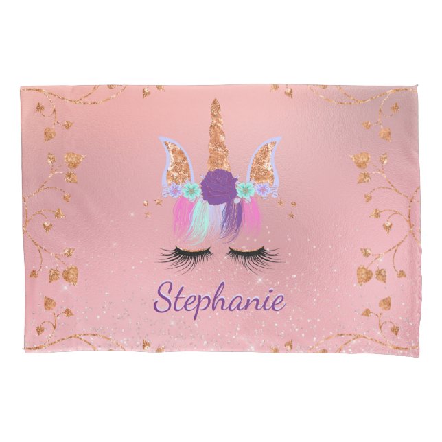 Pretty Rose Gold Unicorn Glitter Personalized Name Pillowcase (Front)