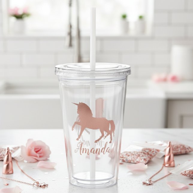 Pretty Rose Gold Unicorn Personalized Girly Acrylic Tumbler (Creator Uploaded)