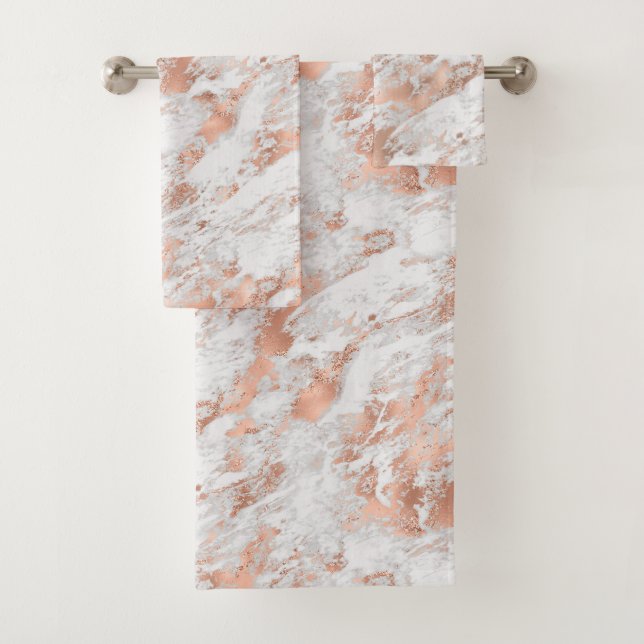 Pretty Rose Gold White Glitzy Marble     Bath Towel Set (Insitu)
