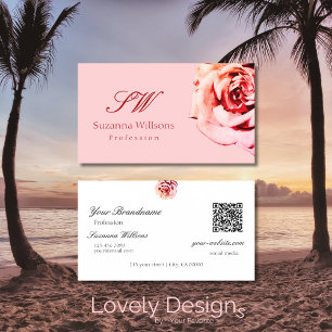 Pretty Rose on Plain Light Pink Initials QR Code Business Card