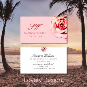 Pretty Rose on Plain Light Pink with Initials Business Card