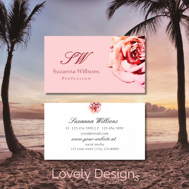 Pretty Rose on Plain Light Pink with Initials Business Card (Creator Uploaded)