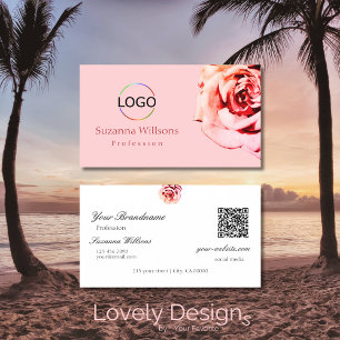 Pretty Rose on Plain Light Pink with Logo QR Code Business Card