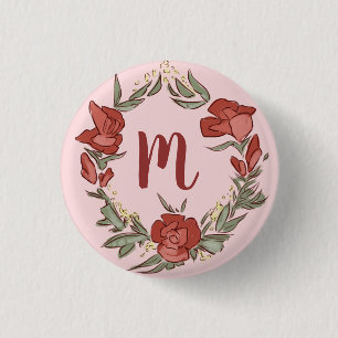 Pretty Rosebud Blossom Wreath Modern Monogram 1 Inch Round Button