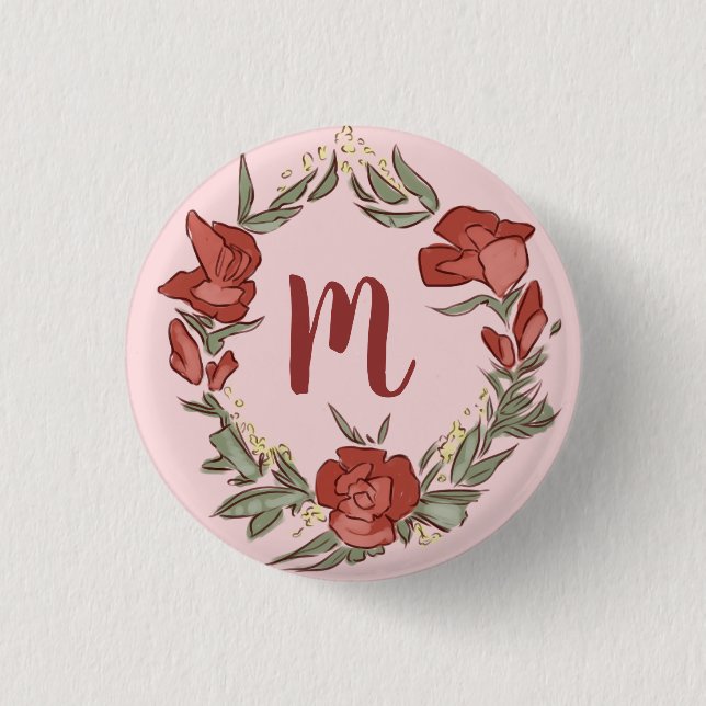 Pretty Rosebud Blossom Wreath Modern Monogram 1 Inch Round Button (Front)