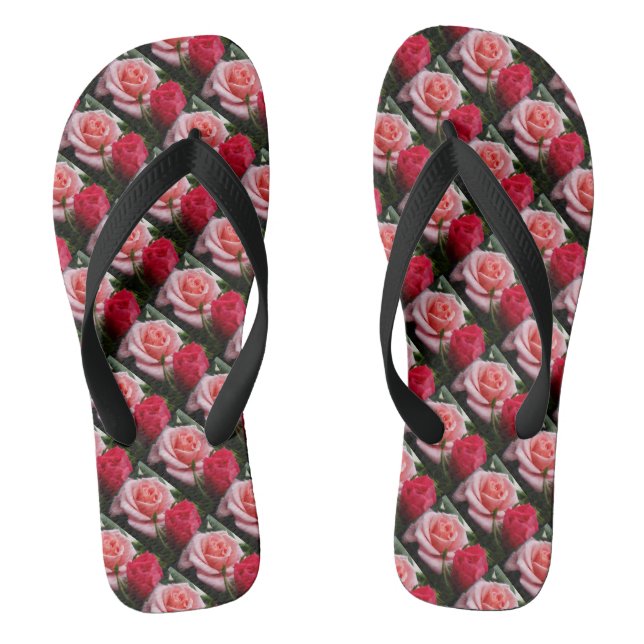 Pretty Roses Pink Red Floral Pattern Flip Flops (Footbed)
