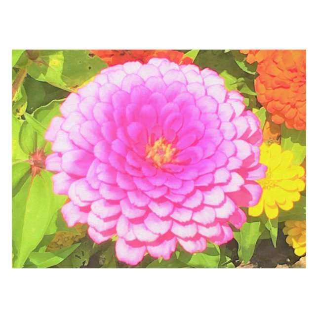 Pretty Round Pink Zinnia in the Summer Garden Tablecloth (Front (Horizontal))